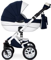 Детская коляска 2 в 1 Riko Brano Ecco 11 Navy (белая кожа – т.синяя ткань)